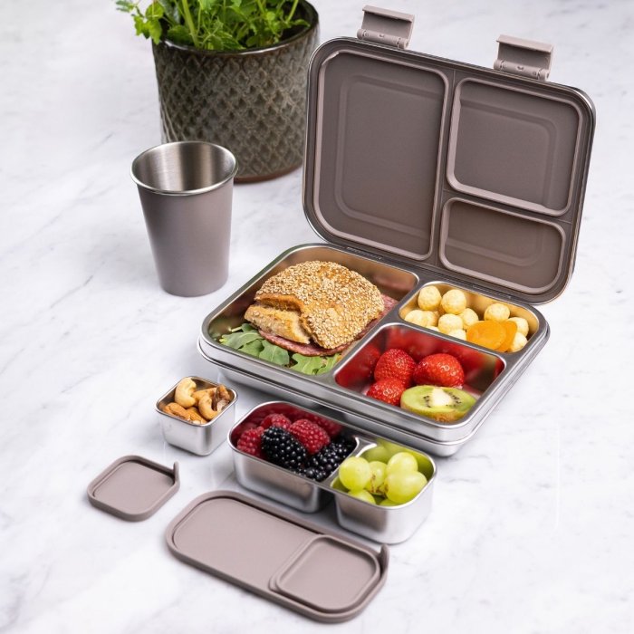 Kids stainless steel lunch box with 3 compartments - Taupe